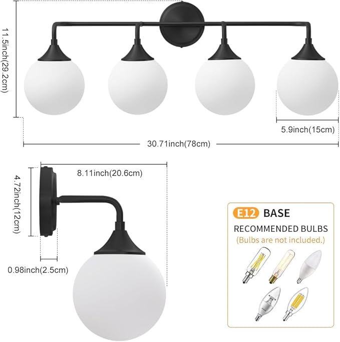 Black Bathroom Light Fixtures, Modern Vanity Lighting Over Mirror, Mid Century Brushed Brass Wall Sconce 4-Light with Milky White Glass Ball Shades