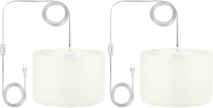PATIKIL Plug in Pendant Light, 2 Pack 15Ft Rope Cord Hanging Lamp Fixture with ON/Off Switch, Linen Fabric Shade E26/E27 Bulb Socket for Bedroom Kitchen Living Room, Coarse Linen White