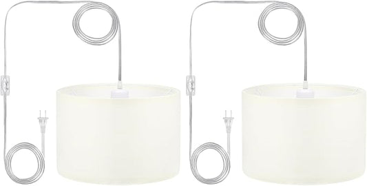 PATIKIL Plug in Pendant Light, 2 Pack 15Ft Rope Cord Hanging Lamp Fixture with ON/Off Switch, Linen Fabric Shade E26/E27 Bulb Socket for Bedroom Kitchen Living Room, Coarse Linen White
