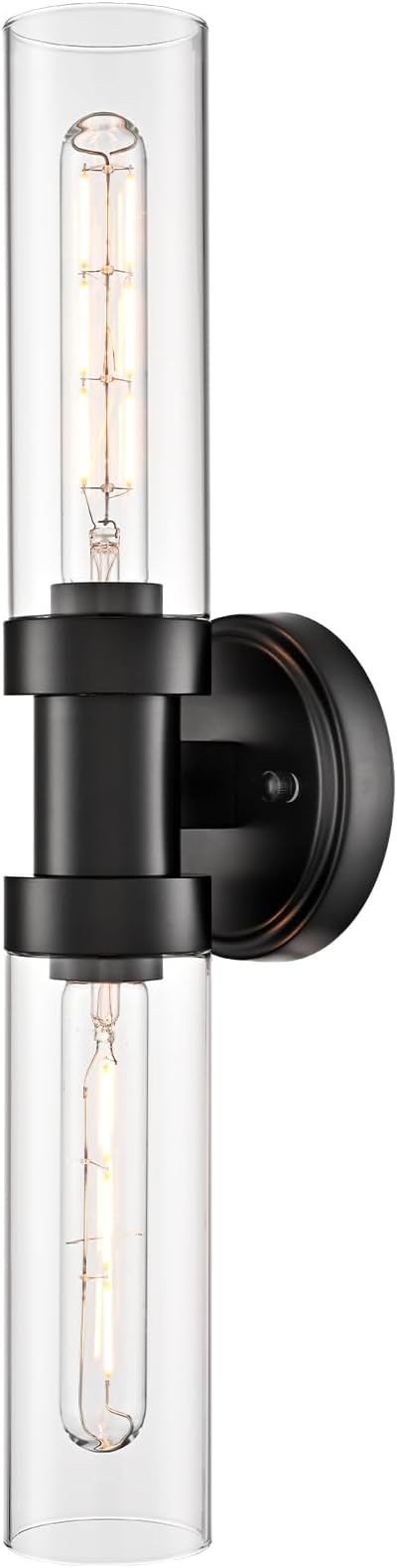 Farmhouse 2-Light Black Wall Sconce, Cylinder Bathroom Wall Light with Clear Glass Shade 20-Inch Modern Black Glass Sconces Wall Lighting for Bedroom Hallway Staircase