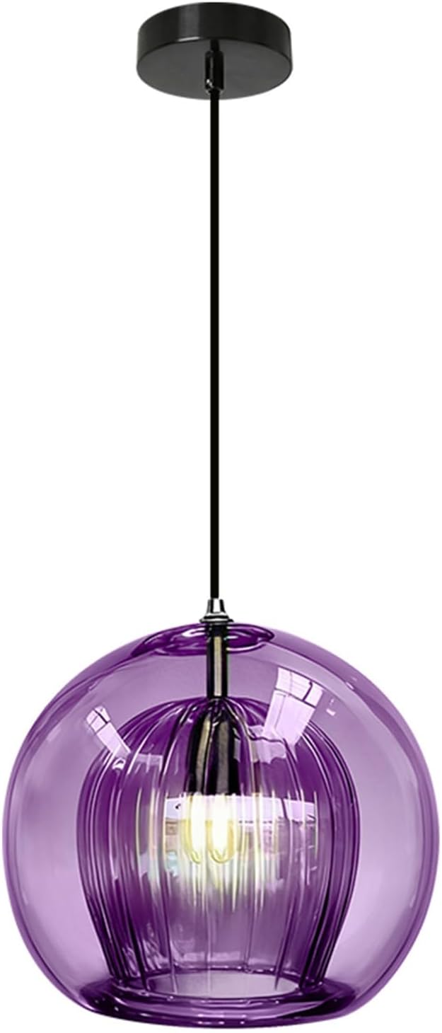 Vintage Pendant Lights 9.8" Purple Flush Mount Ceiling Light Fixtures, 2-Layer Glass Globe Shade Design Black Mid Century Chandelier for Kitchen Island Dining Room Farmhouse Bedroom