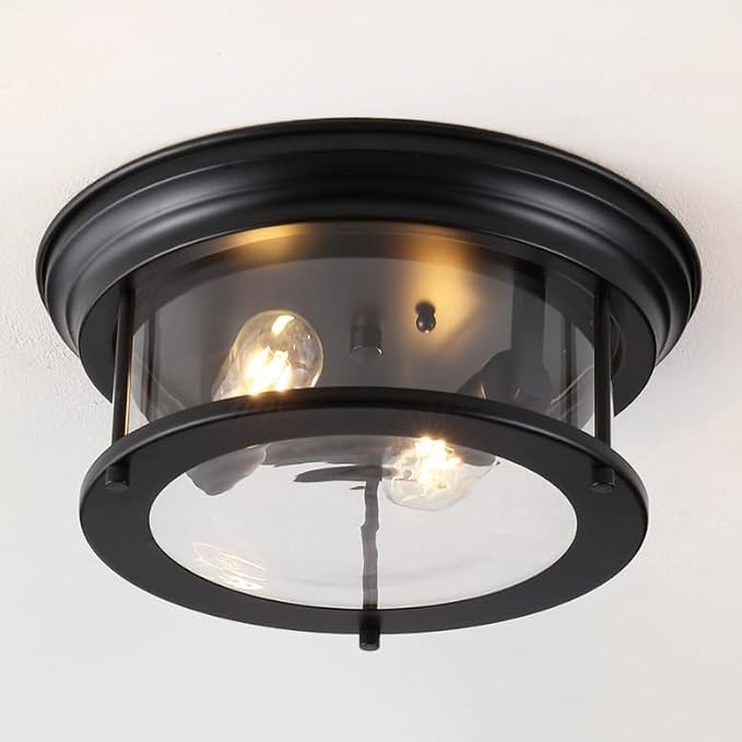 JONATHAN Y 13.25" Black 2-Light LED Flush Mount Ceiling Light Fixture, Modern Clear Glass Drum Shade, Industrial Farmhouse Lighting for Kitchen Hallway Bedroom (JYL7446D)