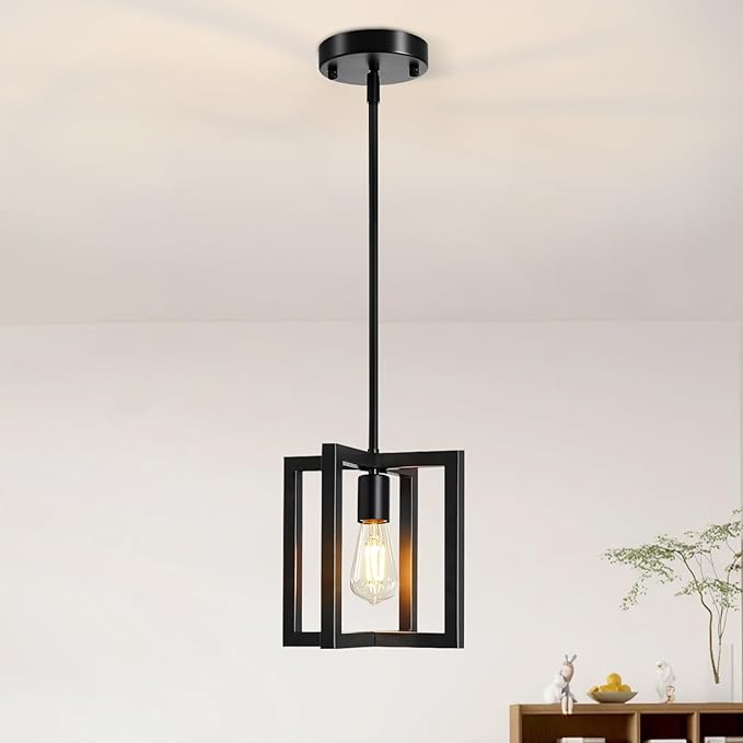 Pendant Light, Adjustable Height Farmhouse Pendant Light Fixtures, 1-Light Black Hanging Light Fixture for Flat&Sloped Ceiling, Metal Frame Pendant Lighting for Kitchen Island Dining Room Entryway