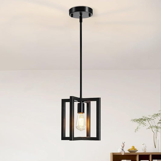 Pendant Light, Adjustable Height Farmhouse Pendant Light Fixtures, 1-Light Black Hanging Light Fixture for Flat&Sloped Ceiling, Metal Frame Pendant Lighting for Kitchen Island Dining Room Entryway