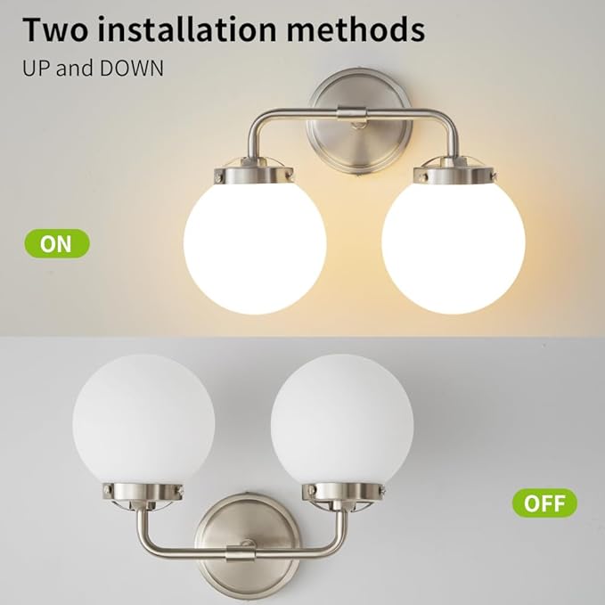 Bathroom Light Fixtures Over Mirror, Brushed Nickel Modern Vanity Lighting with Milk White Glass Globe Shades 2-Light Farmhouse Wall Sconce