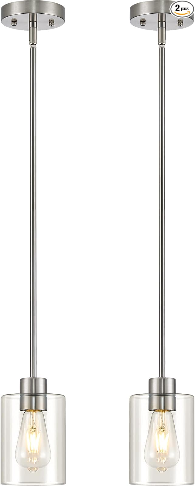 Modern Farmhouse Brushed Nickel Pendant Lights, Mini Hanging Light Fixture with Clear Glass Shade, Adjustable Rods for Kitchen Island, Sink, Bar (2 Pack)