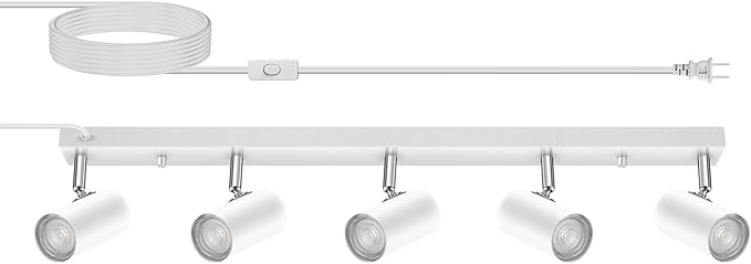AUQUEE 5 Light Track Lighting Kit,White 5 Way Modern Plug in Ceiling Spotlight,Industrial LED Wall Light for Kitchen Cabinet Gallery Bar Hallway Living Room,Rocker Switch,15 Foot Cord(No Bulb)