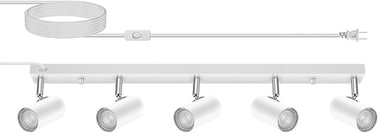 AUQUEE 5 Light Track Lighting Kit,White 5 Way Modern Plug in Ceiling Spotlight,Industrial LED Wall Light for Kitchen Cabinet Gallery Bar Hallway Living Room,Rocker Switch,15 Foot Cord(No Bulb)