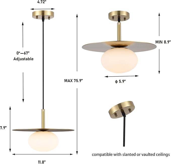 BYOLIIMA Modern Globe Pendant Lighting Set of Two Milky White Glass Shade Brass Gold Farmhouse Pendant Light 11.81" Dome Industrial Hanging Ceiling Light Fixture Kitchen Island Dinning Room Bedroom