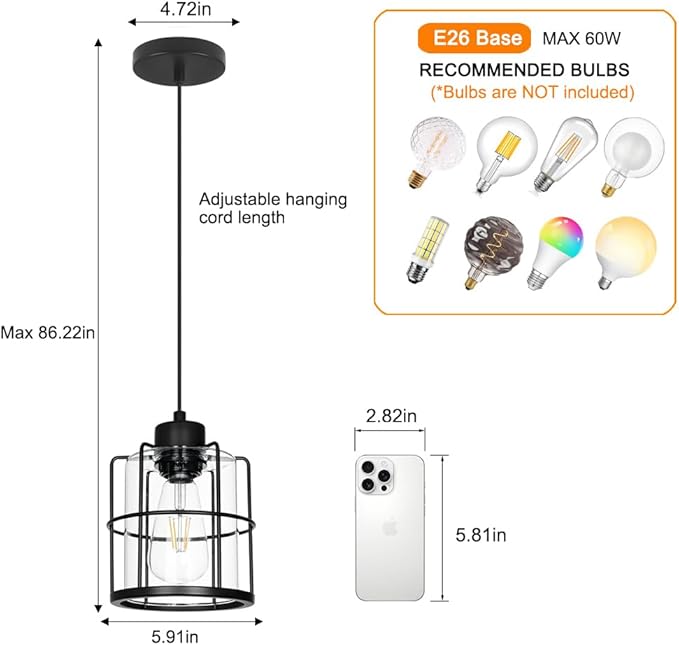 5.91in Industrial Black Pendant Lights Kitchen Island, Glass Island Pendant Lights Set of 2, Small Ceiling Kitchen Island Lights with Adjustable Cord, Farmhouse Hanging Light for Hallway Bathroom