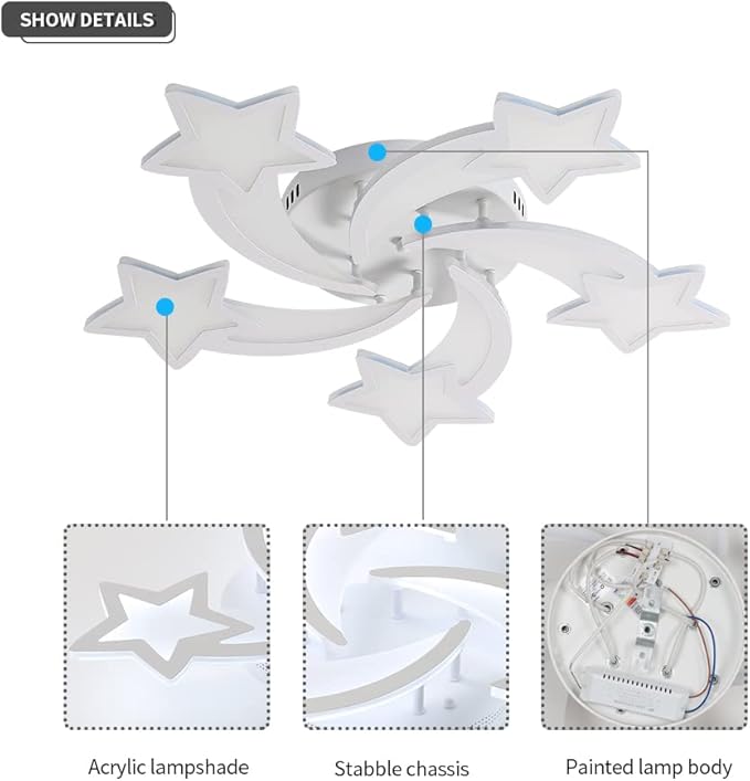 Kidsroom Light Fixtures, Acrylic Modern LED Ceiling Light, Star Creative Meteor Shape Flush Mount Ceiling Lamp for Kids Room, Bedroom, Living Room (5 Stars(6500K Cool White))