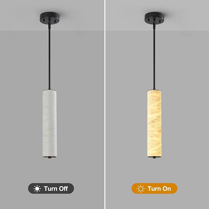 LMQNINE Natural Alabaster Pendant Lights White Marble 15" Long Tube Adjustable Boom Chandelier Modern 3000K Black Ceiling Light for Kitchen Island Bedroom Dining Room Living Room Hallway(S-1Pack)