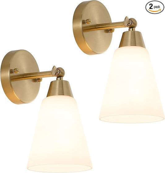 MWZ Gold Wall Sconce Decor 2 Pack,Modern Brushed Brass Sconces Lighting with White Glass Shade,Bathroom Light Fixtures Over Mirror,Vanity Lights Over Sink,Indoor Wall Mount Adjustable Angle Lamp