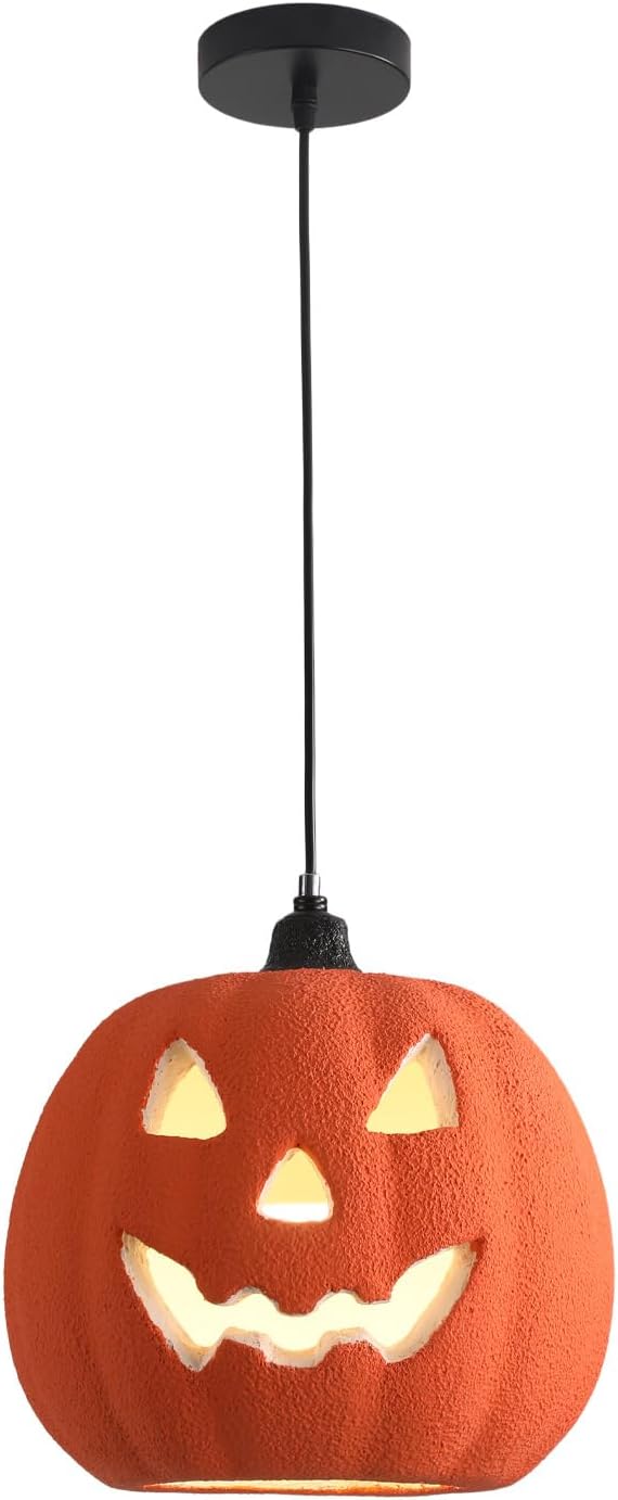 JAYMP Halloween Light Up Pumpkin Pendant Light, Jack O Lantern, Living Dining Room Hanging Lamp E26 Base Lighting Fixture (Orange, 12.6in Small Size)