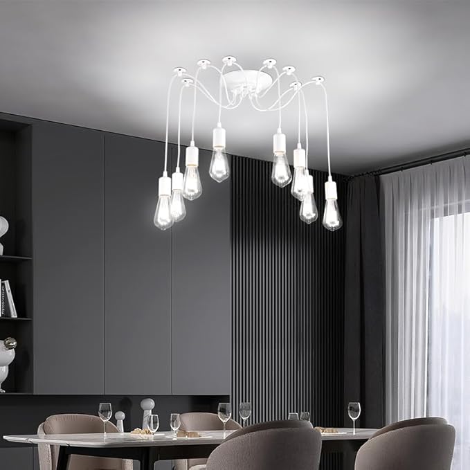 Finktonglan 8-Light Spider Pendant Chandelier, Adjustable 48.4" Cords, E26 Sockets, White Modern Farmhouse Multi-Light Ceiling Fixture for Kitchen Island, Dining Room & Entryway