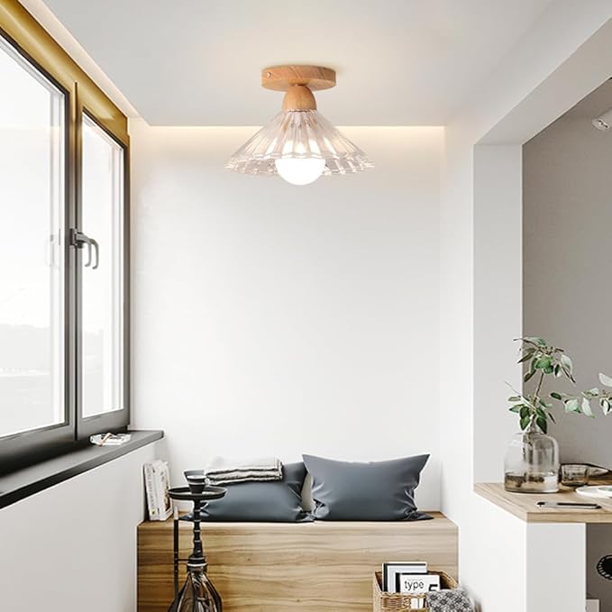 Schoolhouse Light Fixture Wood Ceiling Lamp, Semi Flush Mount Ceiling Light, 12'' Base, Balcony Solid Wood Hanging Light Farmhouse Bedroom Kitchen Hallway Glass Close to Ceiling Lights (C)