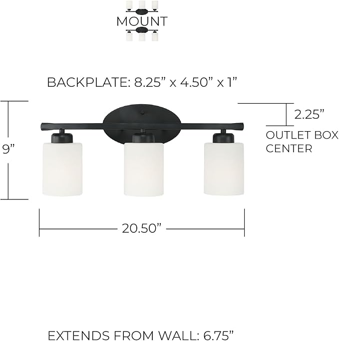 HomePlace by Capital Lighting 115231MB-338 Dixon Modern Soft White Glass Bathroom Vanity Wall Light, 3-Light 300 Total Watts, 9" H x 21" W, Matte Black