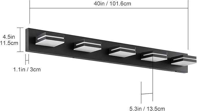 Bathroom Vanity Lighting Fixtures Over Mirror (5-Light, 40-Inch) Modern LED Bathroom Wall Lighting Fixtures, Matte Black (Cool White 6000K)