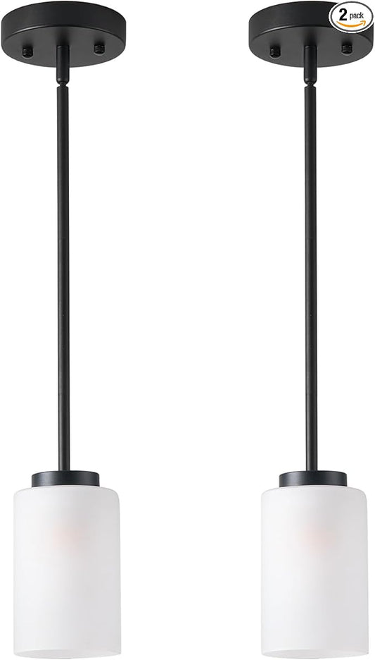 1-Light Mini Pendant Light Fixtures, Industrial Chandelier Hanging Ceiling Lights with Opal White Glass, Adjustable Height, Black Pendant Lamp, 2 Pack