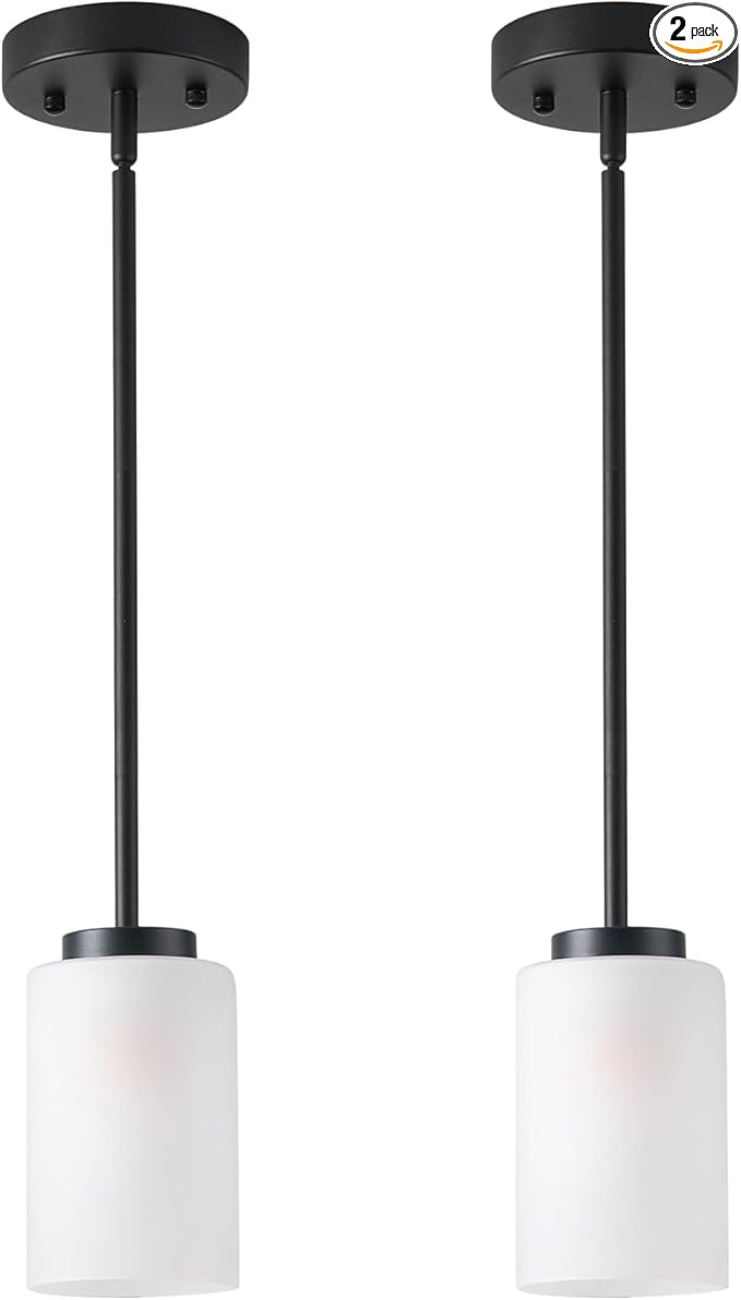 2 Pack Pendant Light Fixtures, Adjustable Kitchen Island Hanging Ceiling Lights with White Frosted Glass Shades, Black, House Indoor Light for Bedroom Living Room