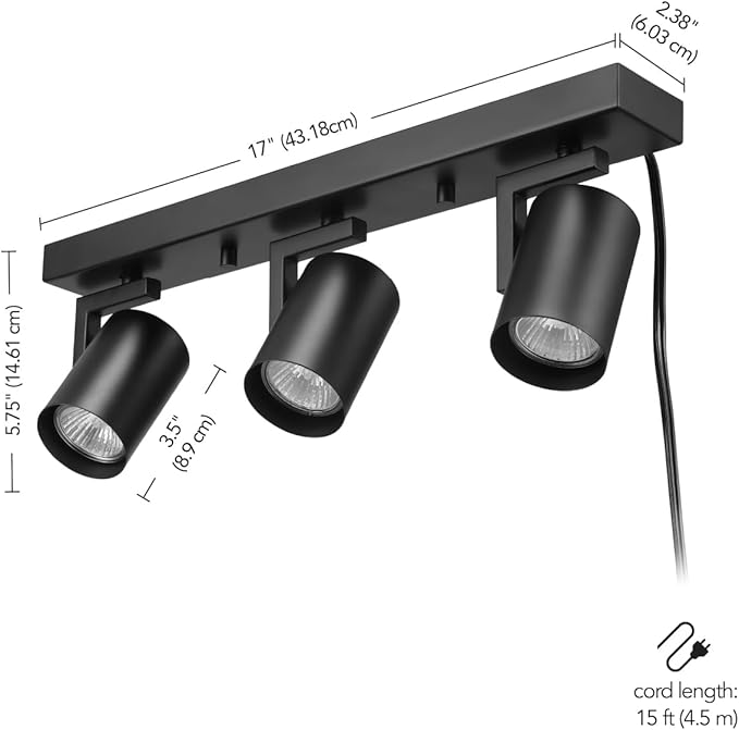 Globe Electric 64000164 17" 3-Light Plug-in Track Lighting, Matte Black, 15 Foot Cord, in-Line On/Off Rocker Switch, Pivoting Track Heads, Ceiling Light, Home Improvement