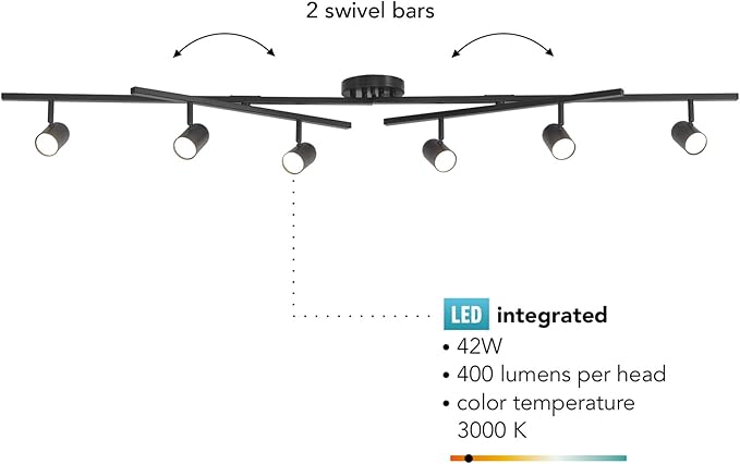 Globe Electric 59471 6-Light Foldable LED Integrated Track Lighting, Matte Black, Center Swivel Bars, 2400 Lumen