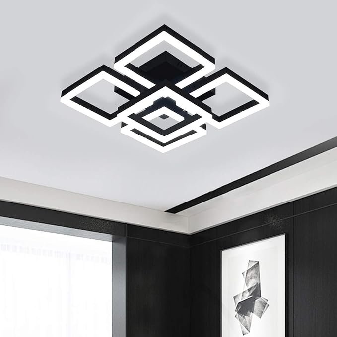 Garwarm Modern LED Ceiling Light, Black Flush Mount Light Fixtures,64W Ceiling Lamp for Living Room Bedroom Dining Room, 5 Square Metal Acrylic Surface Mount Chandelier Cool White 6000K