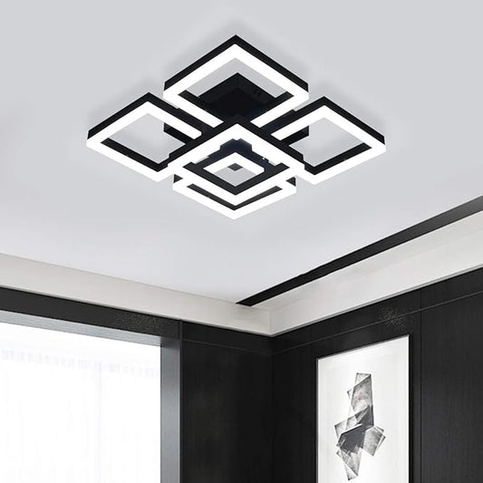 Garwarm Modern LED Ceiling Light, Black Flush Mount Light Fixtures,64W Ceiling Lamp for Living Room Bedroom Dining Room, 5 Square Metal Acrylic Surface Mount Chandelier Cool White 6000K