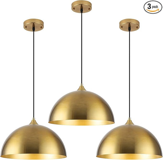 Gold Pendant Lights Kitchen Island 3 Pack, 14 Inch Gold Dome Pendant Light, Large Kitchen Pendant Light, Island Pendant Lights for Kitchen, Dining Room, Cafe