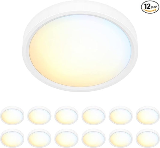 5 Inch Field Selectable 5CCT LED Edgelit Slim Surface Mount Downlight for J-Box, Round, Mini Flat Panel Light, Dimmable, 120VAC, 10W, 620LM, CRI90, ETL, Wet Location, White, 12 Packs