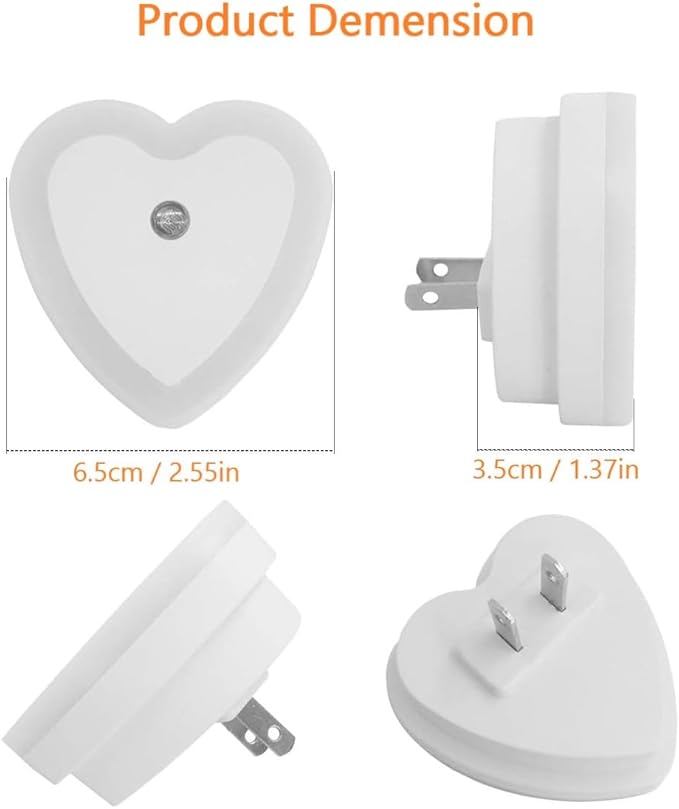 LED Night Lights Plug in(4-Pack), Dusk to Dawn Sensor Auto-On/Off, Heart Shaped Nightlight 0.5W for Bedroom, Bathroom, Kids Room, Hallway, Toilet(Warm White)