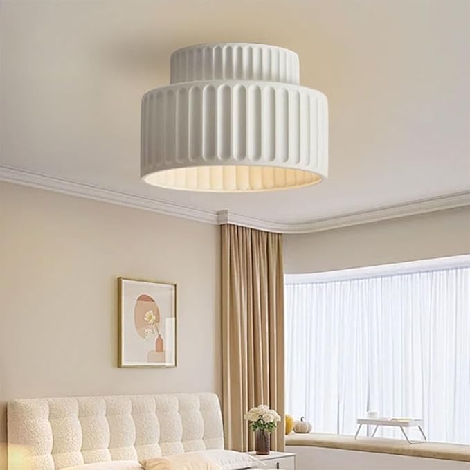 Mid Century Cream Semi Flush Mount Ceiling Light Nordic Style Round 9.1" D x 9.1" W x 6.3" H E26 Base LED Ceiling Lamp for Bedroom, Living Room, Kitchen, Hallway