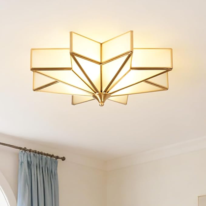 Brass Flush Mount Ceiling Light with Ceramic Light Socket, Star Shaped Ceiling Light Fixture, Mid Century Glass Ceiling Mount Lamp for Entryway, Hallway, Nursery (15.7")