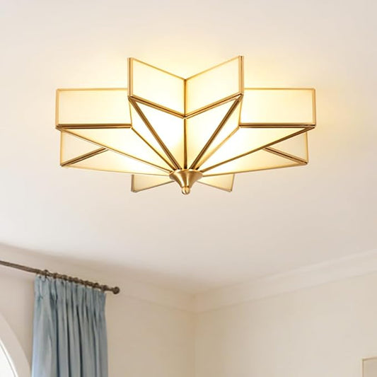 Brass Flush Mount Ceiling Light with Ceramic Light Socket, Star Shaped Ceiling Light Fixture, Mid Century Glass Ceiling Mount Lamp for Entryway, Hallway, Nursery (15.7")
