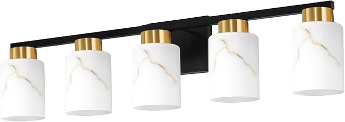 5-Light Bathroom Light Fixtures, Modern Vanity Lights, Black and Gold Metal Wall Lamp with White Marble Glass for Bathroom, Mirror, Living Room, Bedroom, Cabinet, Porch, Hallway, E26 Base