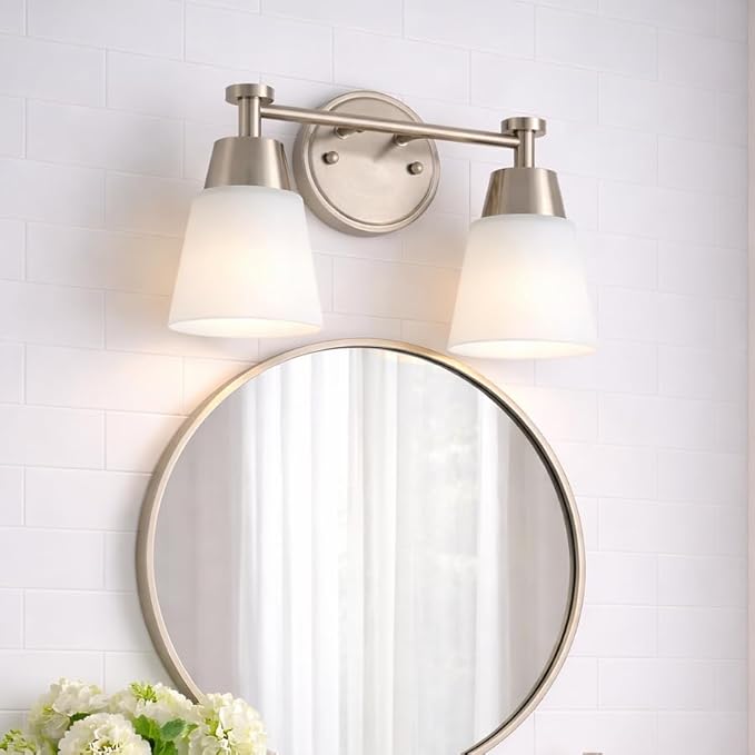 2-Light Bathroom Vanity Light, Brushed Nickel Finish with Milk Glass Shades, Over Mirror, for Bathroom Vanity