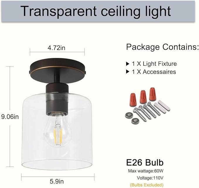 Brown and Gold Semi Flush Mount Ceiling Light,Modern Farmhouse Ceiling Light Fixture for Closet Entryway,Hallway Light Fixture 5.9in Clear Glass Shade 1 Pack