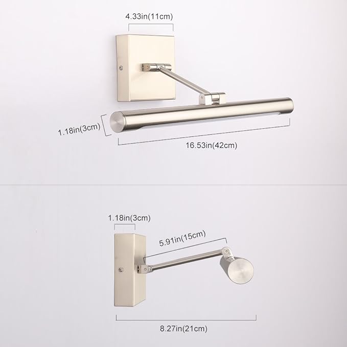 Joosenhouse Single Arm LED Picture Lights 16.53 Inch, Full Metal Artwork Lamp with Rotatable Sconces Lamp Head, 7W (45W Eqv.), Hardwired Connection, 3000K Warm White 560Lm, Brushed Nickel Finish…