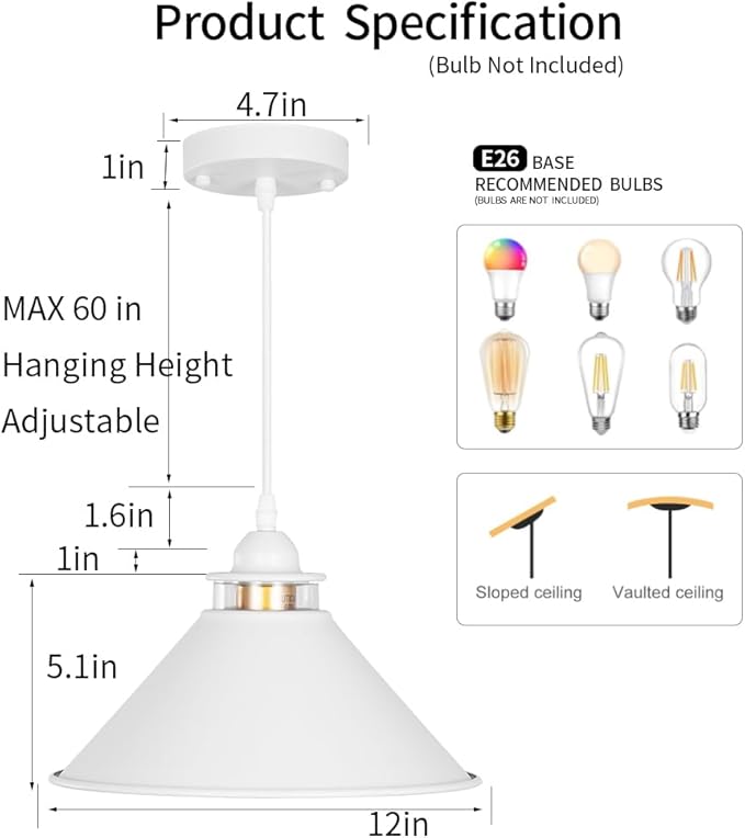 Black Pendant Lights Kitchen Island 2 Pack, Dome Pendant Light Fixtures, Farmhouse Pendant Light, Modern Pendant Lights for Kitchen Island Dining Room Bedroom Study (2, White)