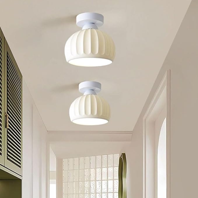 KISAD Modern Minimalist Semi-Flush Mount Ceiling Light Nordic Stripe Ceramics Small Ceiling Lamp Indoor Home Decor Fixture for Hallway Entryway Balcony Closet(White)