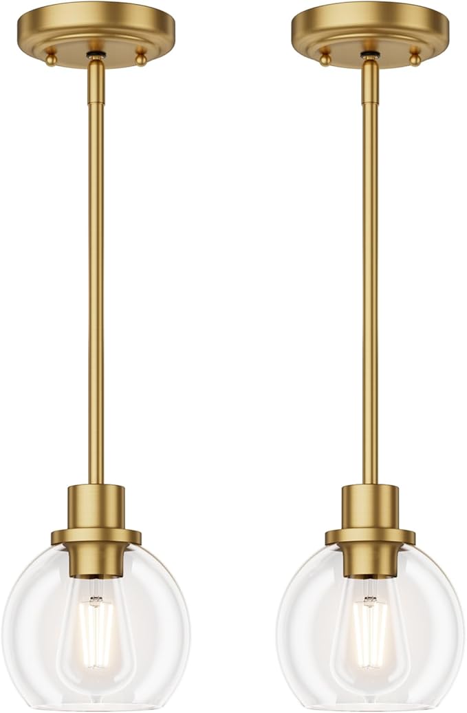 Ralbay Brushed Gold Pendant Light 2-Pack, Farmhouse Pendant Light Fixtures with Globe Clear Glass Shade, Kitchen Island Lighting for Dining Room, Rustic Adjustable Hanging Lighting Fixture