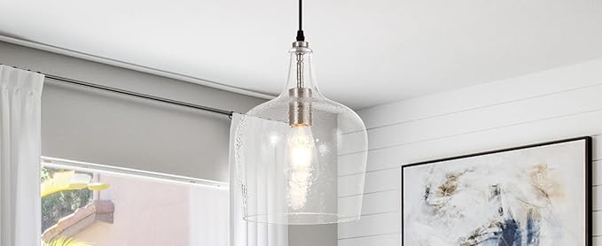 Large Hammered Glass Pendant Light Modern Brushed Nicklel 1 Light Single Dome Pendant Lighting Fixtures for Kitchen Island Dining Room Hallway, Dia 10 Inch, UL Listed