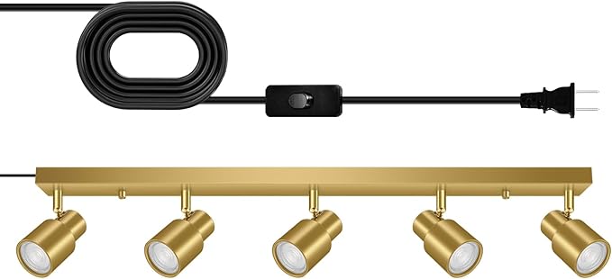 Track Lighting Plug in, 30" LED Track Light Fixtures Ceiling, Gold 5 Way Spotlight, Rotatable Head, Plug Wall Lights with 14.8FT Cord, Ceiling Lighting for Kitchen Hallway Bar(GU10, NO Bulb)
