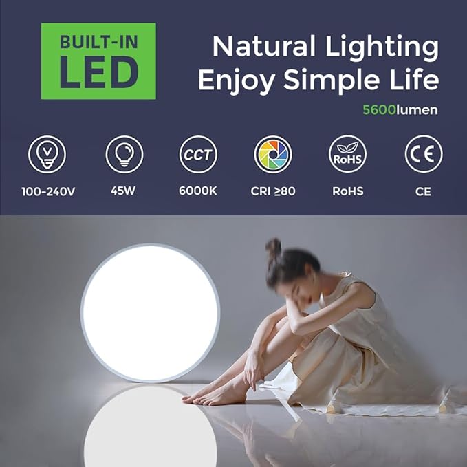 LightingWill 24 Inch LED Flush Mount Ceiling Light Fixture, 6000K Cool White, 5600LM, 45W, Flat Modern Round Lighting Fixture, 400W Equivalent White Ceiling Lamp for Kitchens, Bedrooms.etc.