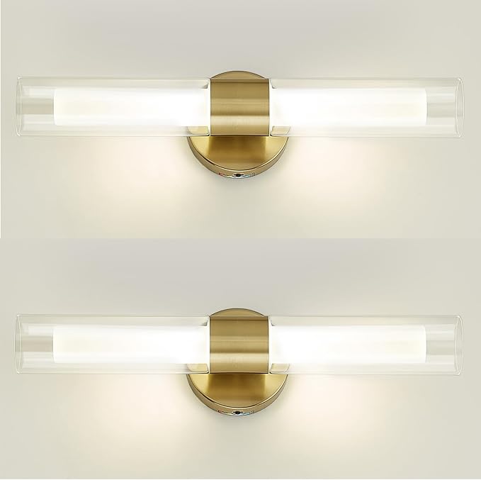 kudos Gold Modern Sconces Wall Lighting, 2Pc Wall Sconces with Clear Glass and Frosted Glass, Modern LED Vanity Light for Bathroom, 3000K/4500K/6000K Adjustable,KDVL06-GD-2-2PK