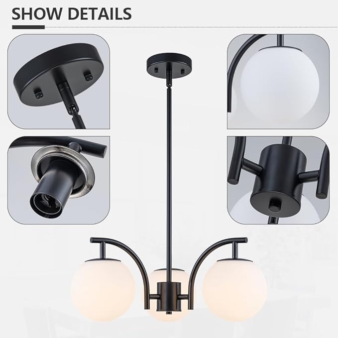 Black 3 Light Globe Chandelier Modern Sputnik Hanging Light Milk Glass Pendant Light Fixture for High Ceiling Kitchen Bedroom Dining Living Room