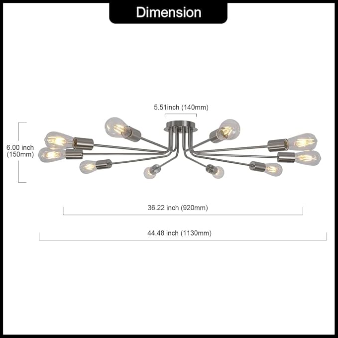 10 Light Sputnik Chandelier Brushed Nickel Ceiling Light Semi Flush Mount Light Ceiling Lamp for Kitchen Dining Room Living Room Foyer