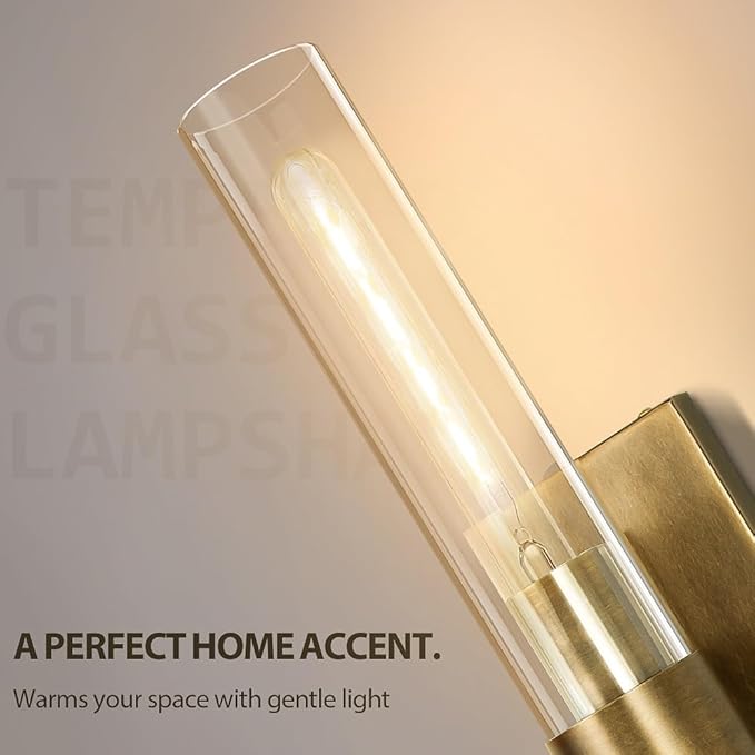 Wall Sconces Set of Two, 22.8" Gold Bathroom Sconces Wall Lighting with Clear Glass, Modern Sconces Wall Decor Brass Light Fixtures for Bathroom Mirror Living Room Hallway Bedroom