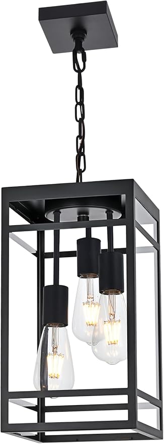 Large Outdoor Pendant Light for Porch, Black 3 Lights Outdoor Pendant Light Fixtures, Modern Hanging Light Fixture, Exterior Chandelier Hanging Lantern for Patio,Front Door