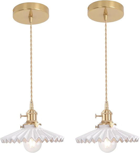 Shenmoyl Pendant Light 2 Pack with White Pleated Ceramic Lmapshade, Brass Vintage Pendant Light Adjustable Hanging Light for Kitchen Island Dining Room Hallway
